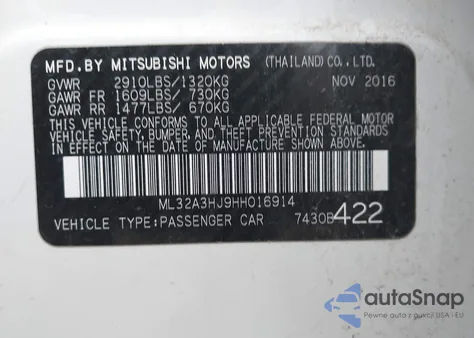 2017 Mitsubishi Mirage Es z USA, uszkodzony, nr VIN ML32A3HJ9HH016914